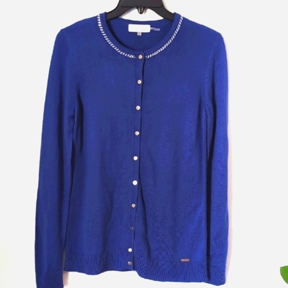 Calvin Klein Royal Blue Knit Cardigan. Size Small. Neckline Embellishment